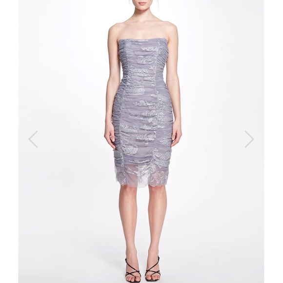 Marchesa Notte Floral Ruched Silver Blue Cocktail Dress Size 8 - Picture 1 of 9